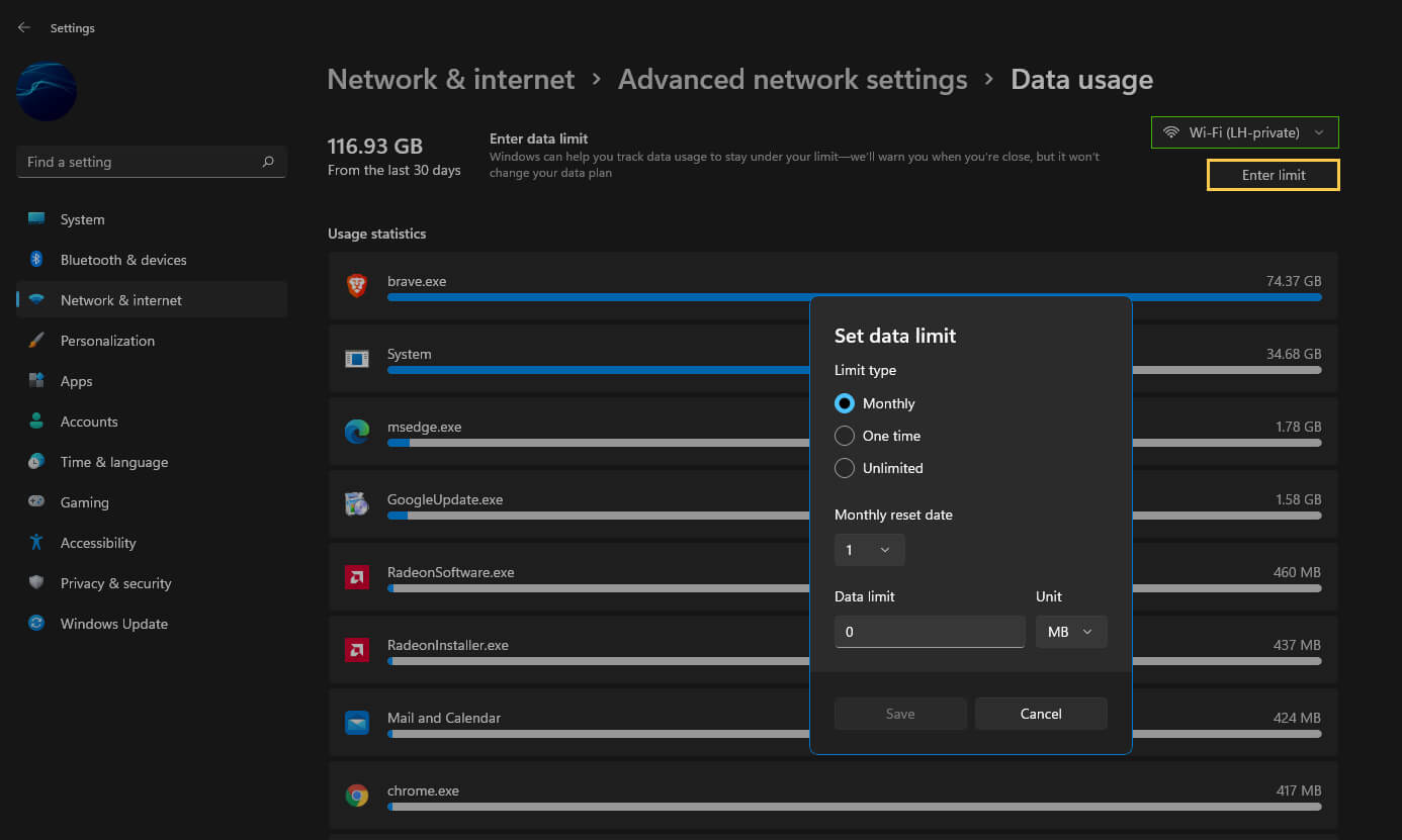 set data limits for wifi connections on windows 11