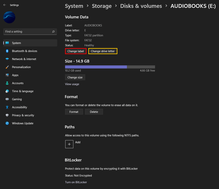 Windows 11 drive letter and name change from settings app