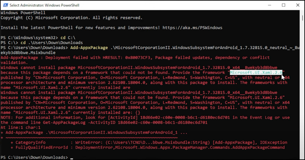 frame work missing when installing WSA on windows 11