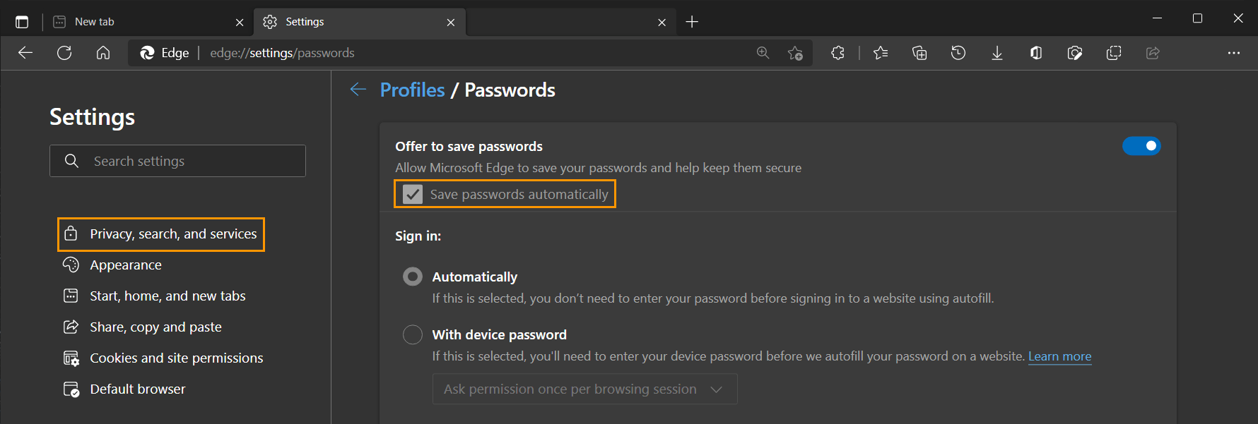 Edge always save password without a prompt