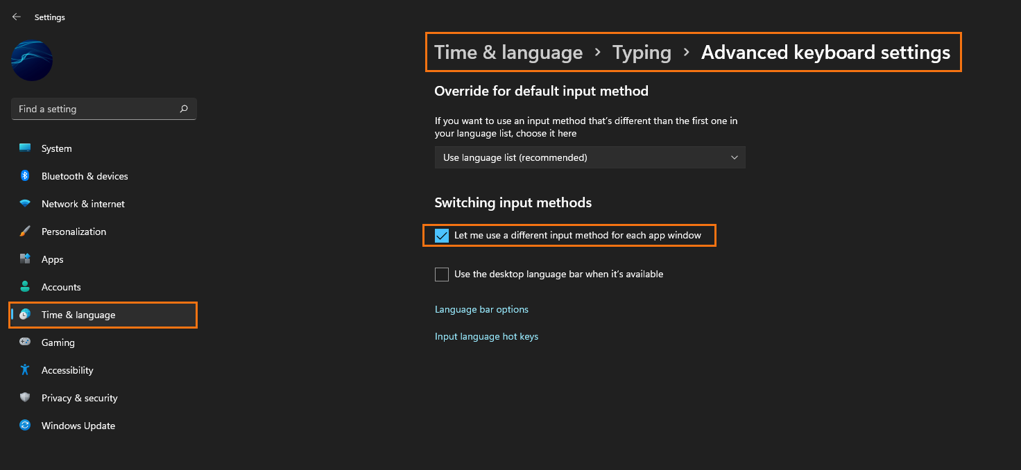 How to have different language keyboards for apps on Windows 11