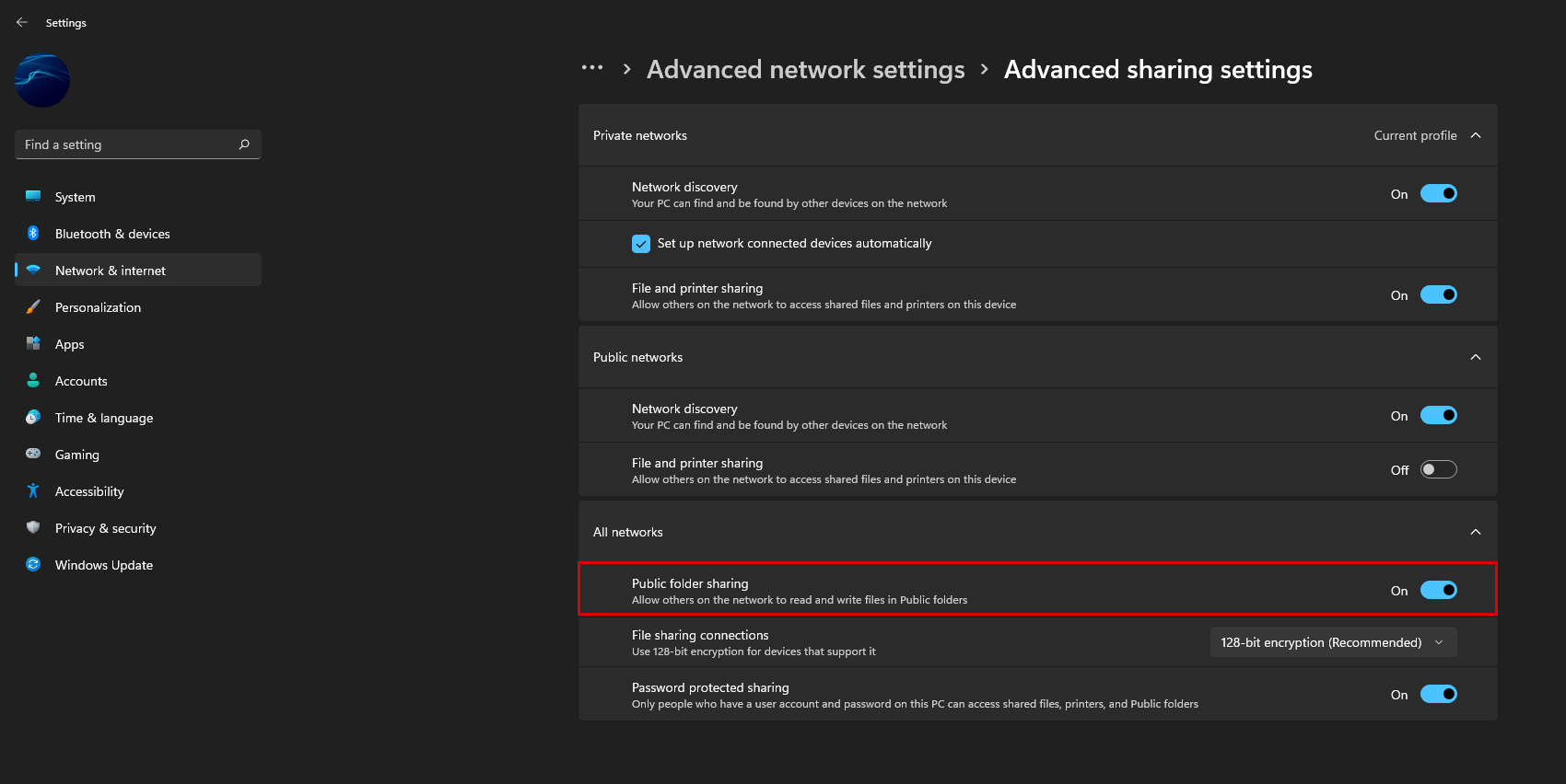 Windows 11 public folder sharing across network enable