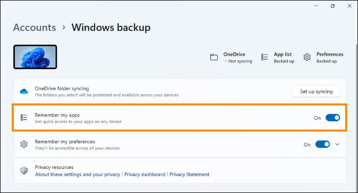 make windows 11 backup app list to microsoft account