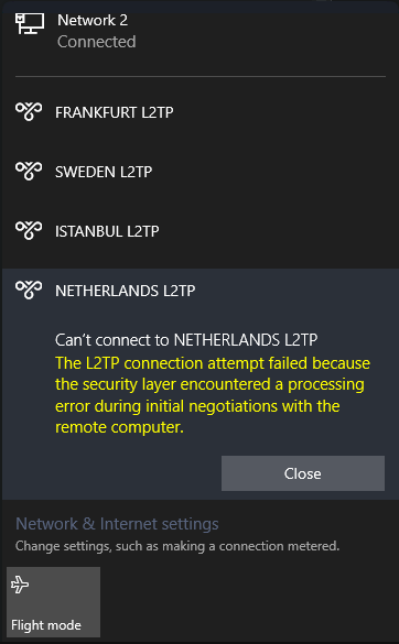 Fix The L2TP connection attempt failed because the security level encountered a process error during the initial negotiations with the remote computer
