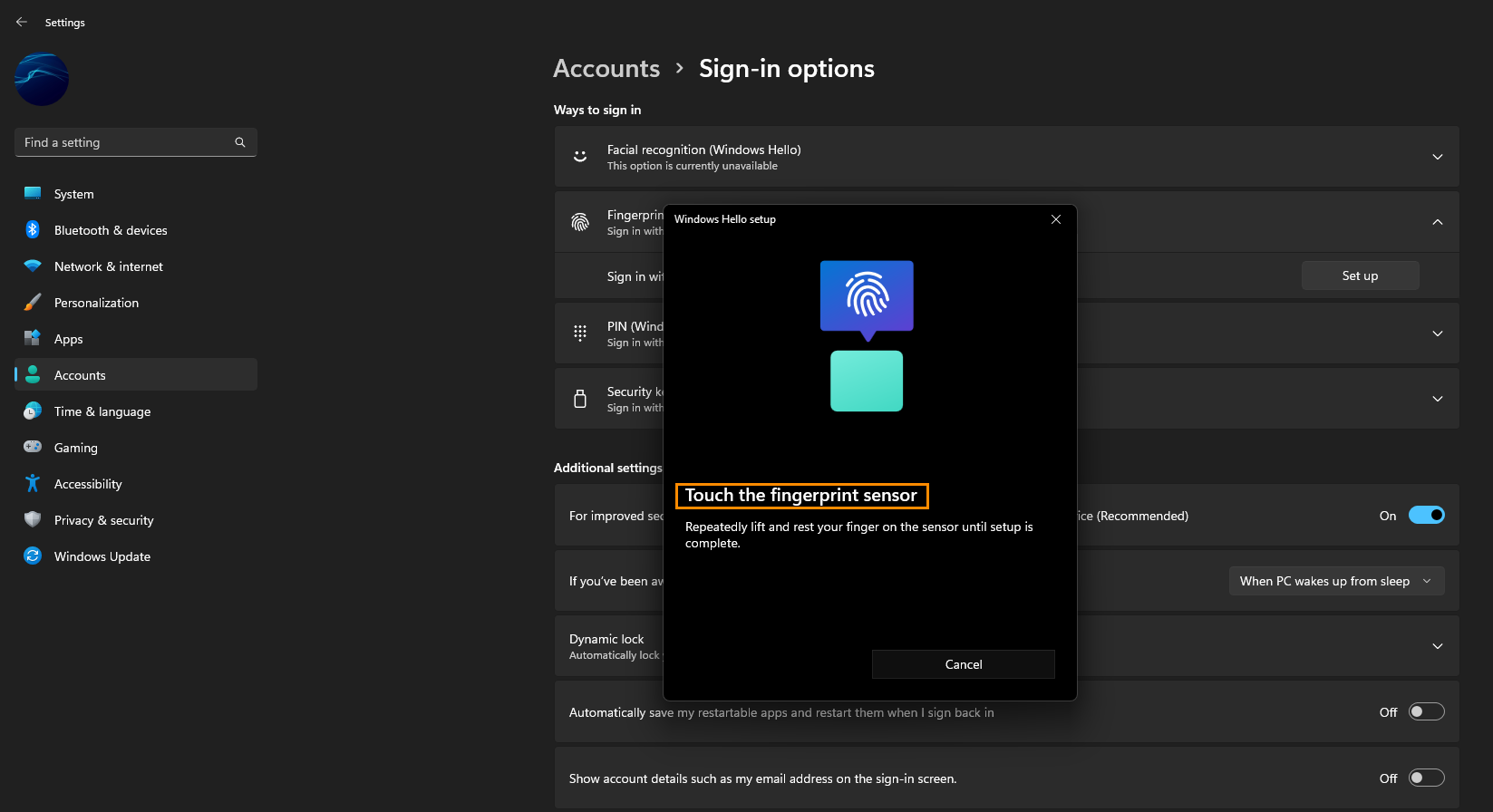 how do you enable fingerprint sign in on Windows 11