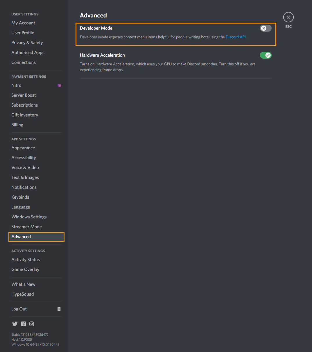 disable developer options in discord