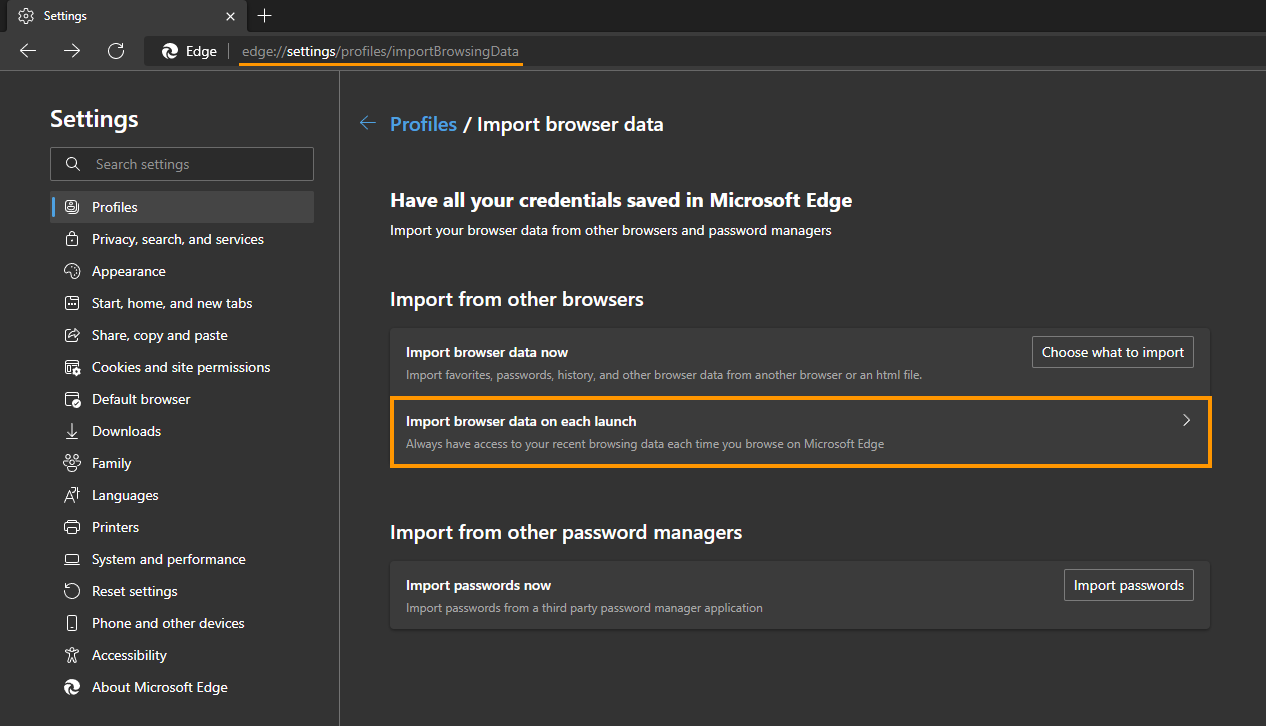 enable edge import content from other browsers on launch