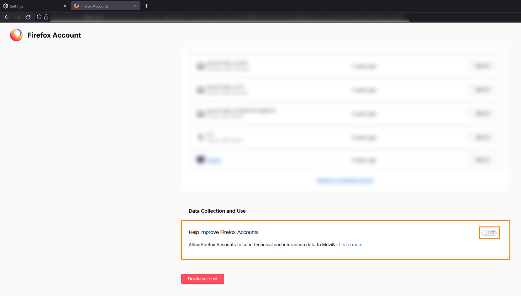 Firefox account data collection option disable