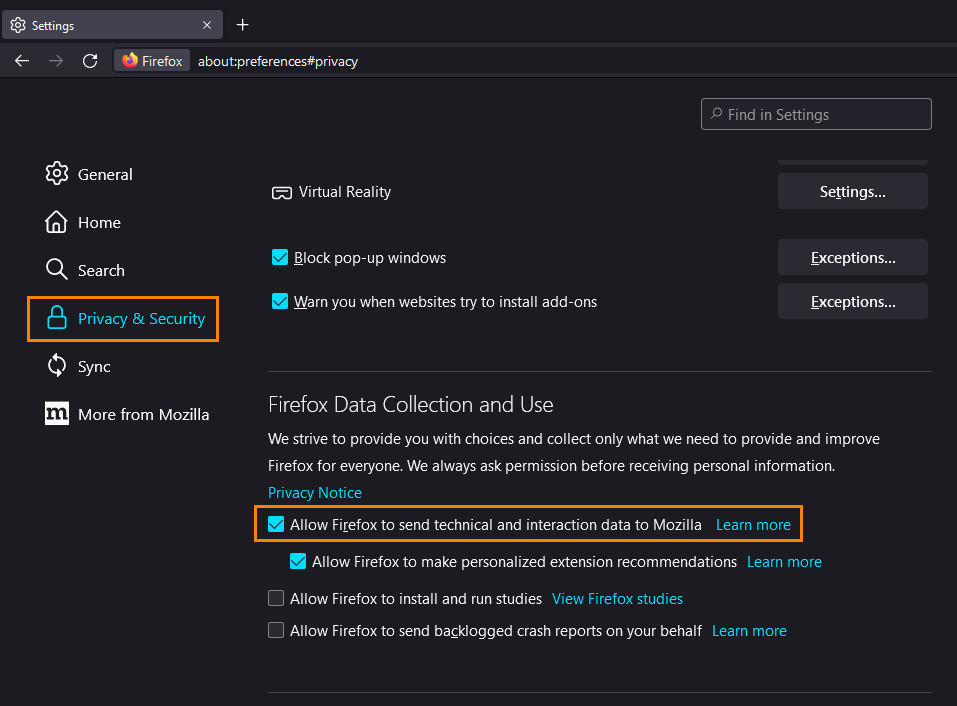 Firefox disable data collection 2022