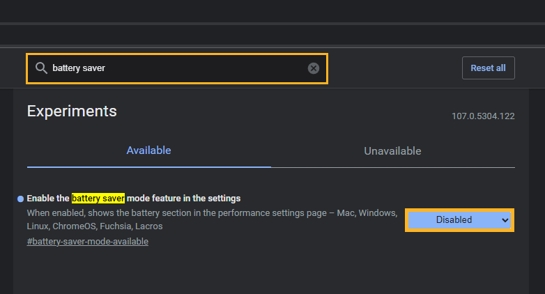 Battery saving mode in google chrome browser