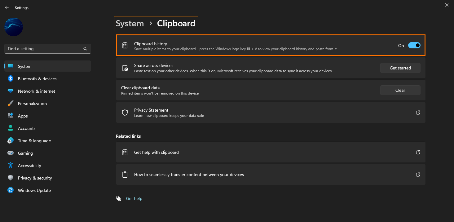 where is the clipboard history option on Windows 11