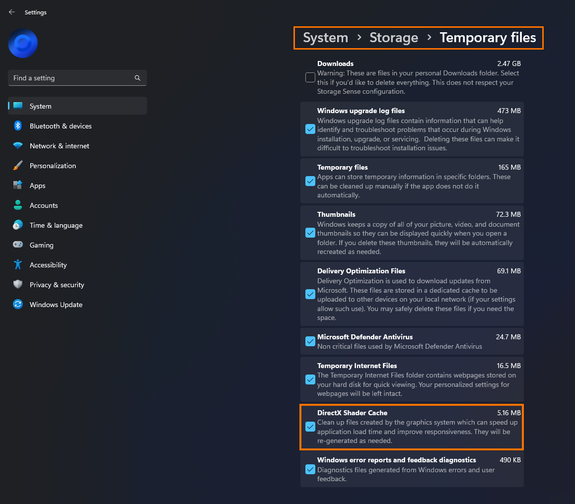 Delete DirectX Shader Cache on Windows 11