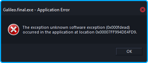 Galileo.final.exe - Application Error fix Windows