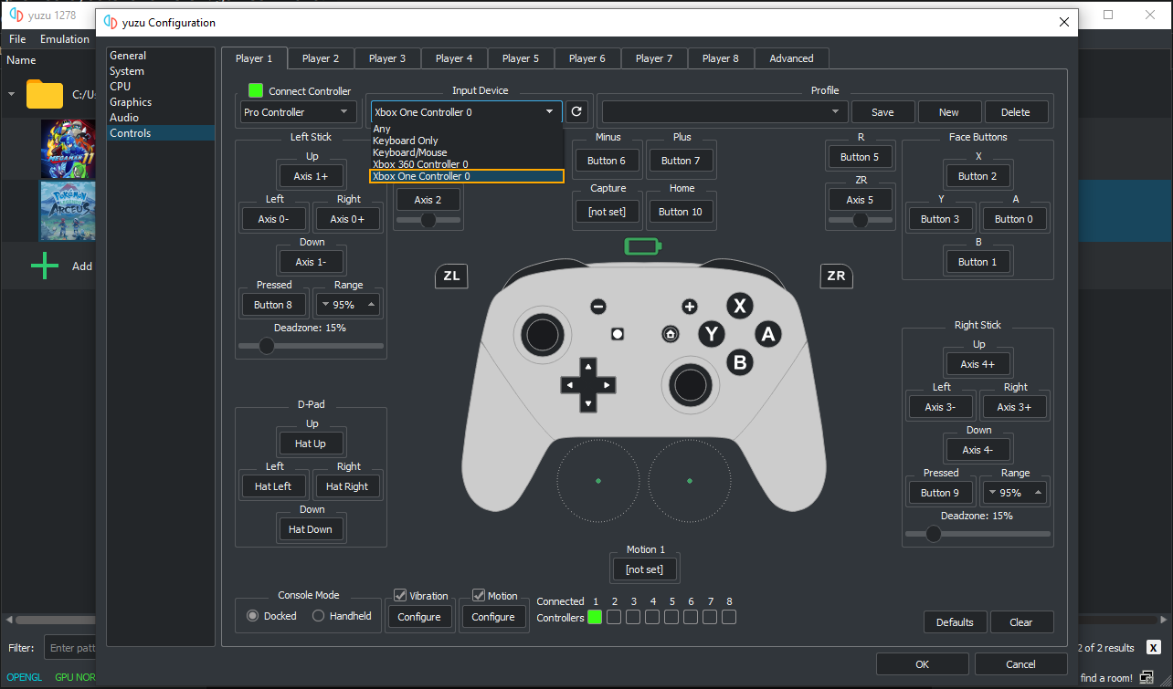 How do you set different controller profiles & layouts for different games in YuZu?