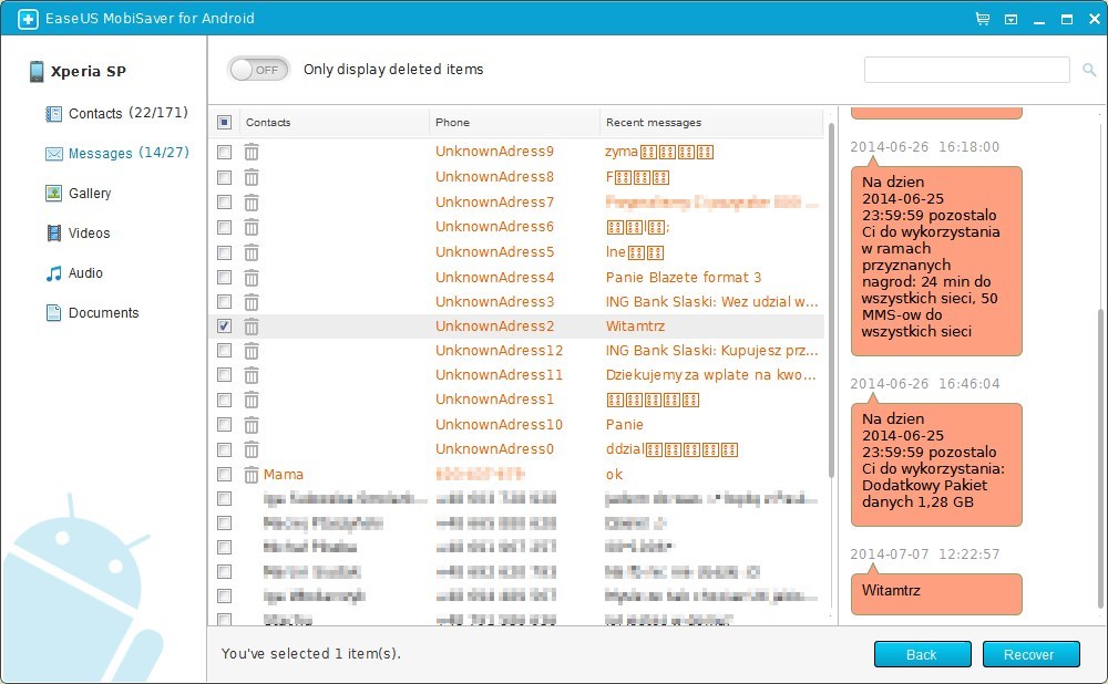 Recovering data by EaseUS on Android