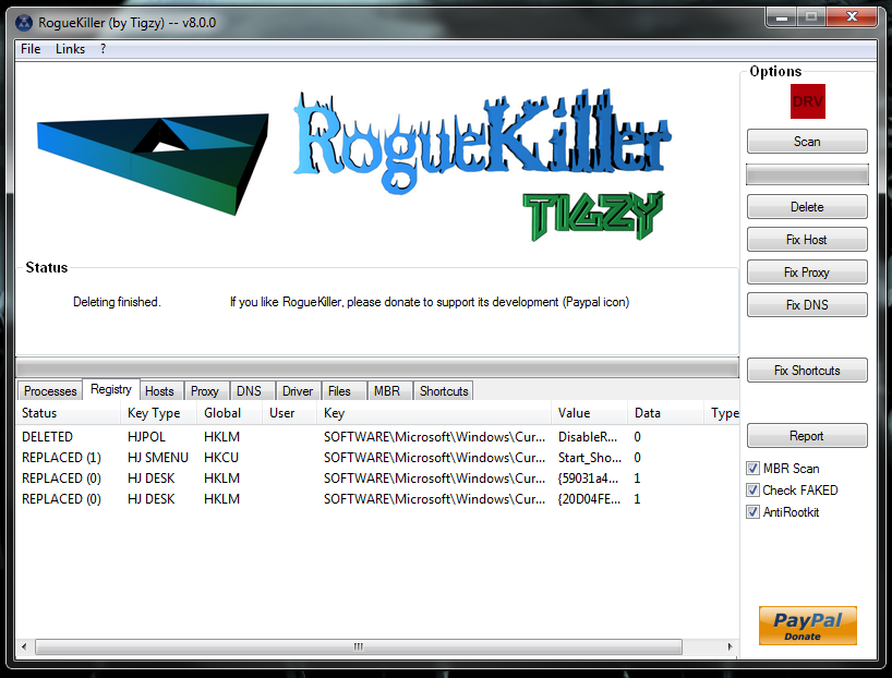 Scanning results in RogueKiller