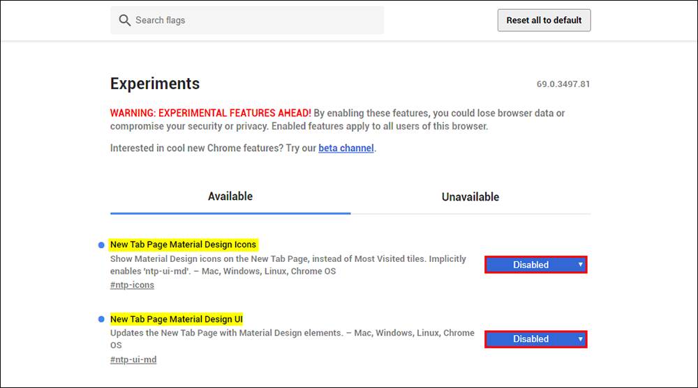 how to disable chrome new tab material design