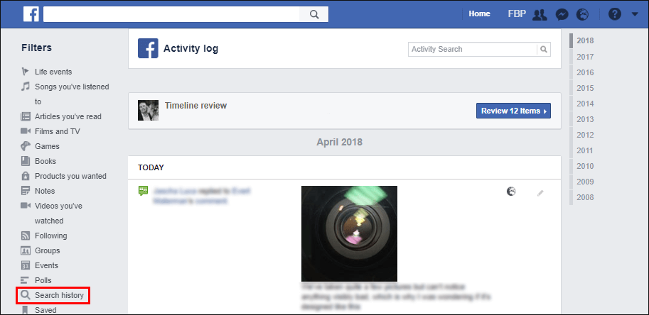 where is the facebook search history located