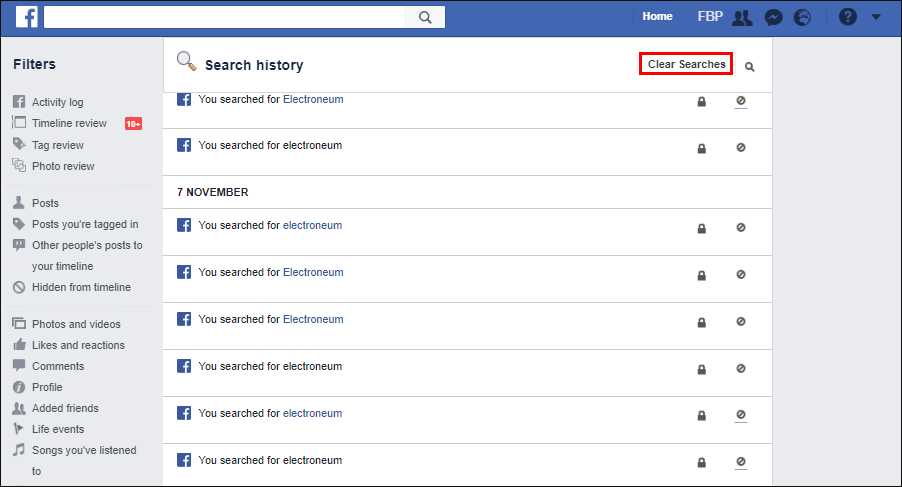 where do you view your facebook search history