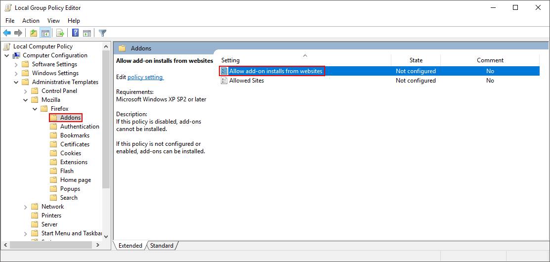 how to stop extensions being installed on firefox using group policy