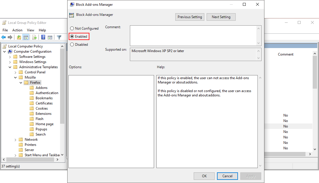how to block addon installation on firefox using group policy