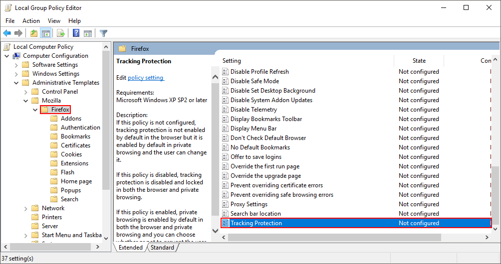 enable firefox tracking protection with group policy