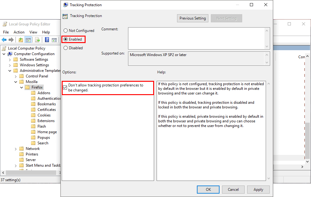 use group policy editor to enable firefox tracking protection