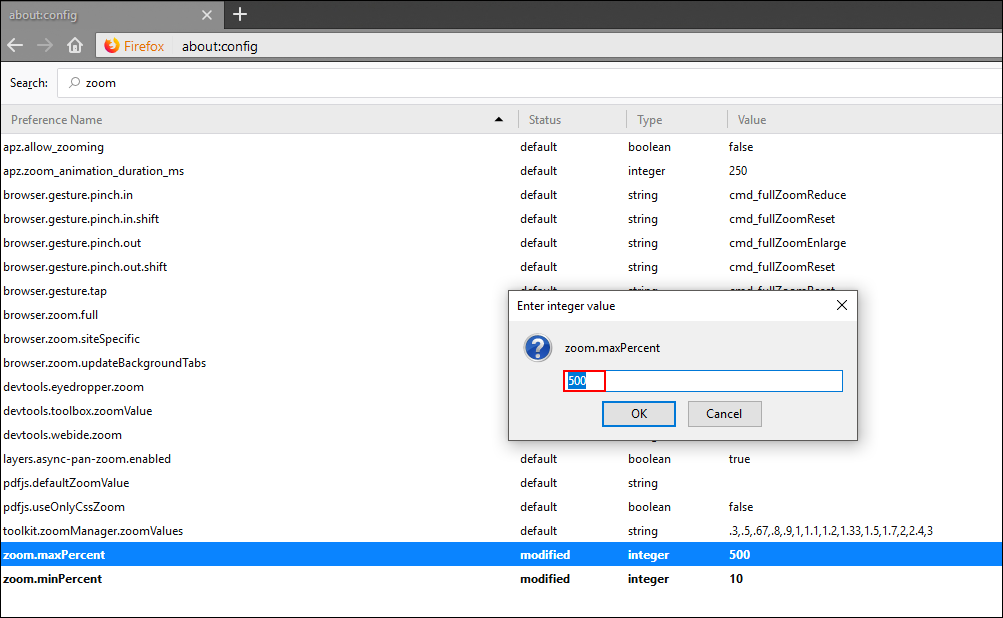 how to change max level of zoom on firefox