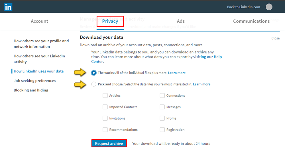 how do you request your linkedin data