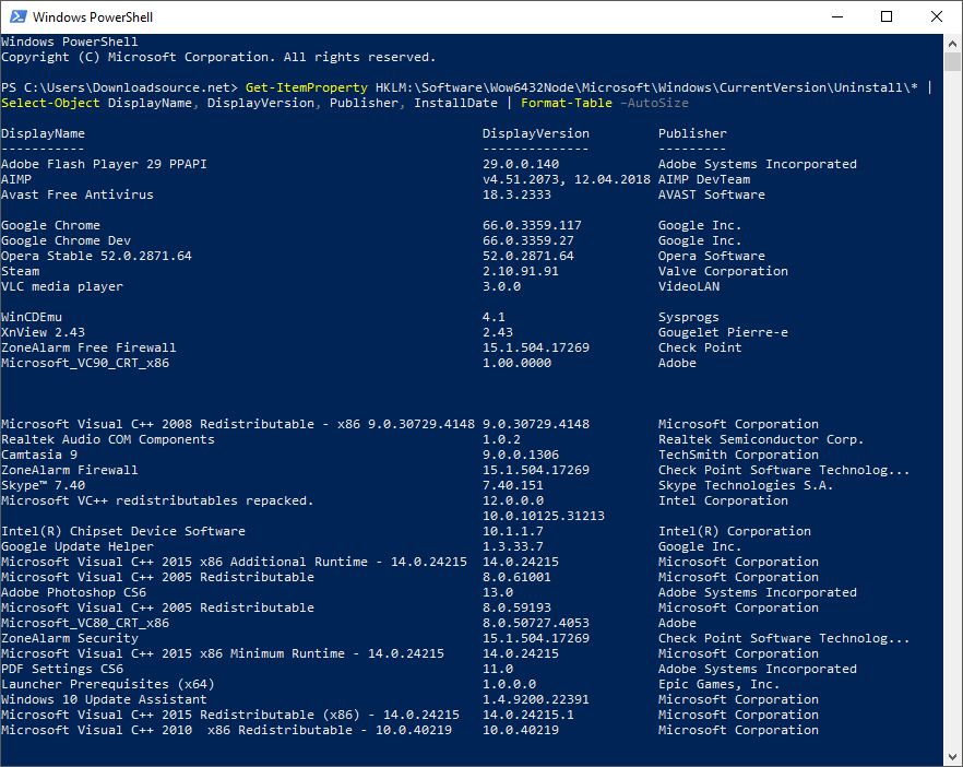 how create a list of installed items on windows 10 