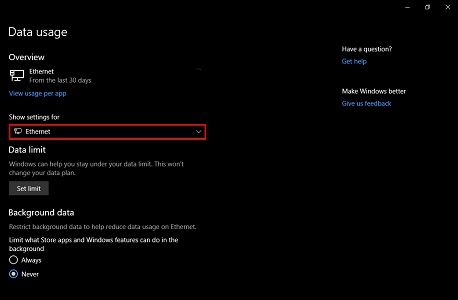 how do you set data limits on network adapters on windows 10