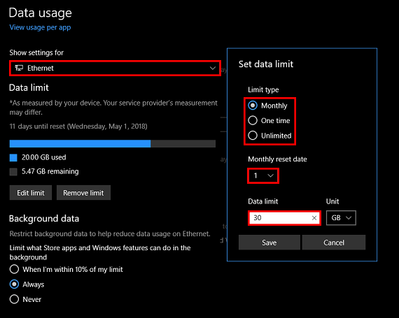 how to set download and upload limits on network adapters on windows 10
