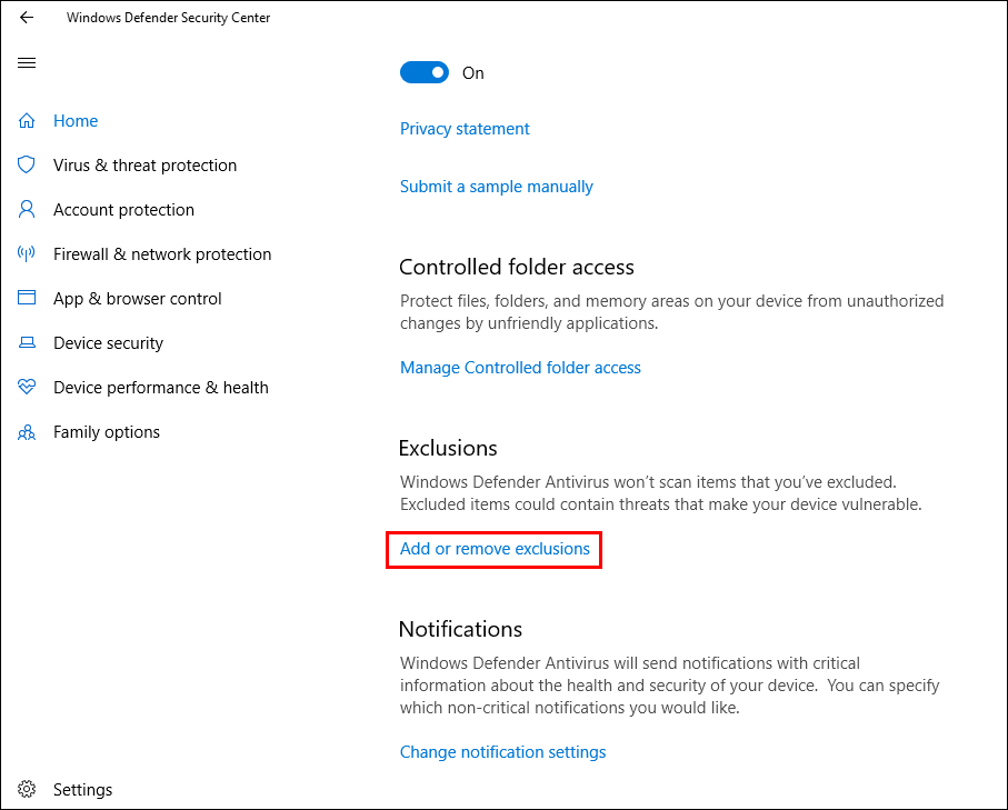 where do you make exceptions on windows defender