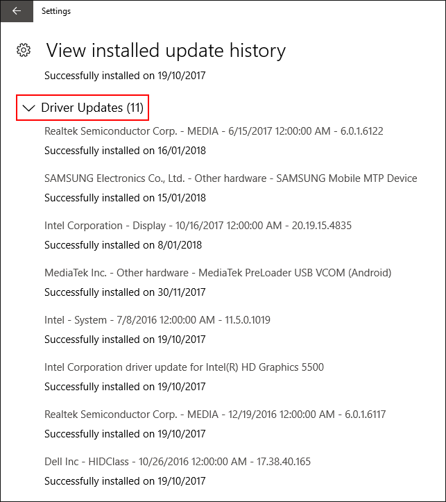 how to view when windows updated a driver