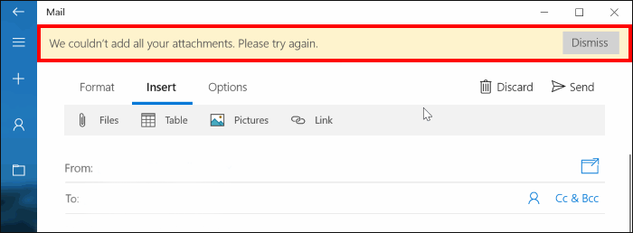 windows 10 mail app wont take attachments