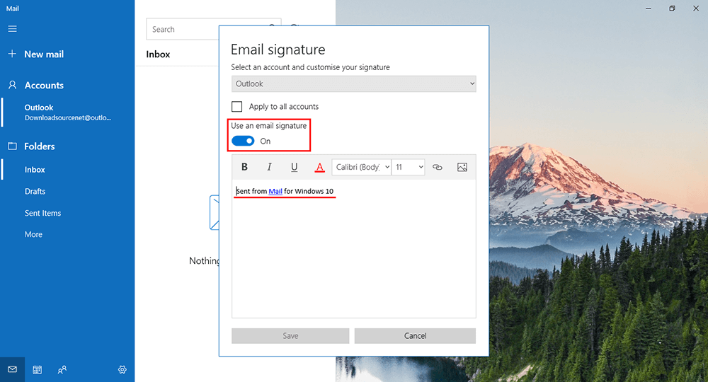 how to change the windows 10 mail app signature