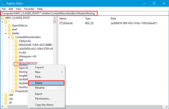 how to remove share from windows right click menu