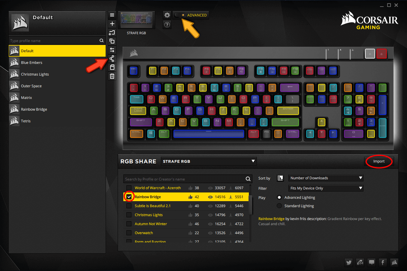 How do you save corsair keyboard rgb profiles to device