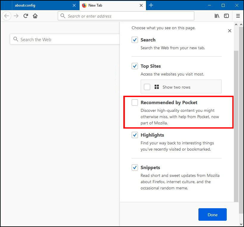 delete pocket and pocket recommend from firefox quantum