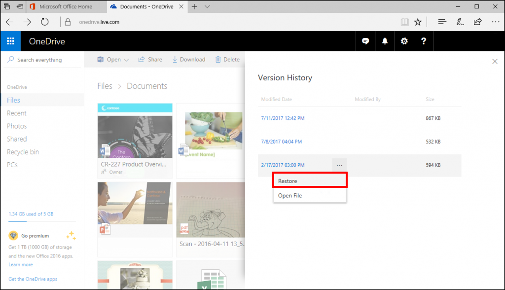 restore previous file versions onedrive
