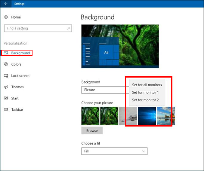 how do you set different backgrounds for each monitor in windows 10