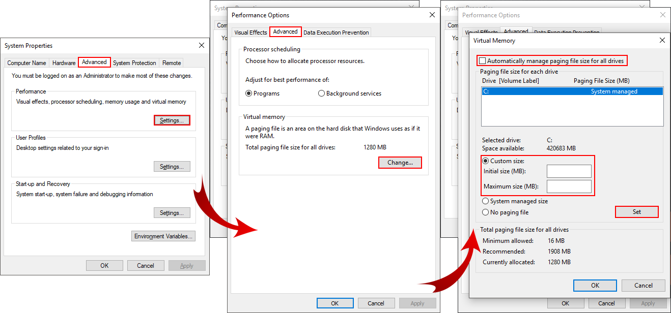 change windows pagefile to get back hard drive space