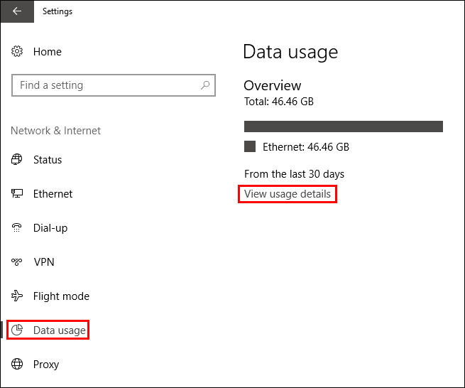 view windows 10 data usage levels 