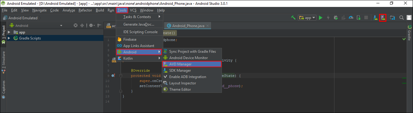 how to fix missing android option from android studio 3 tools menu