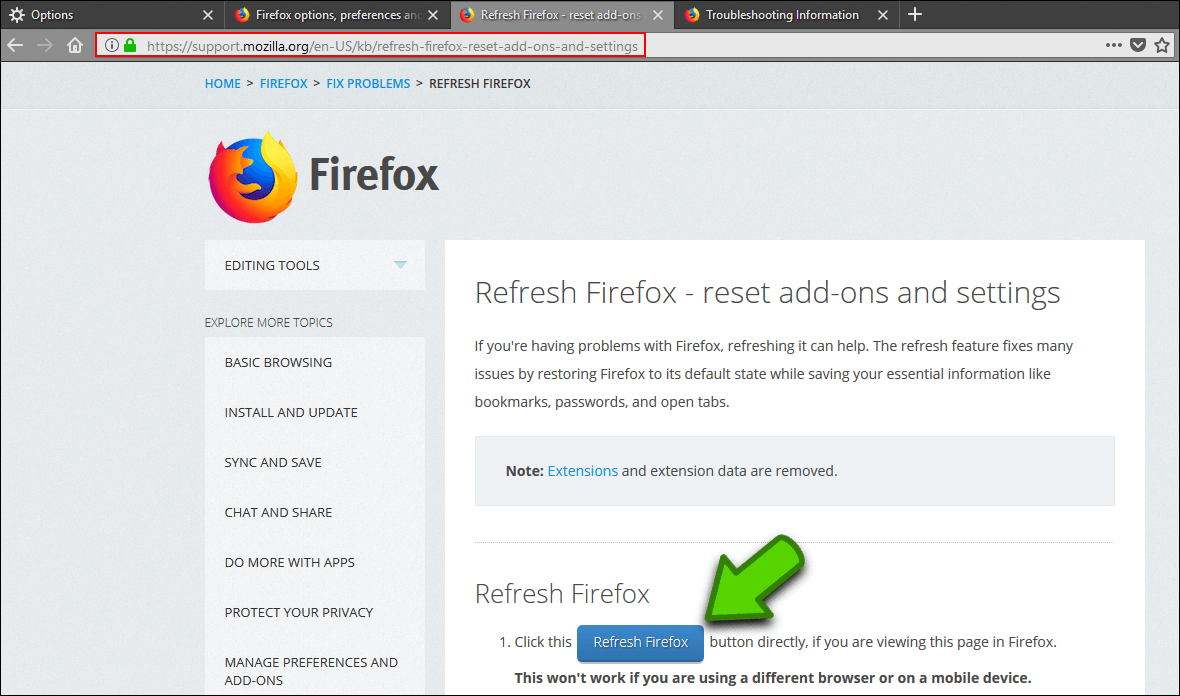 reset firefox to default without reinstalling
