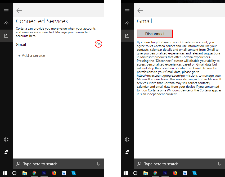 how do you disconnect linkedin from cortana
