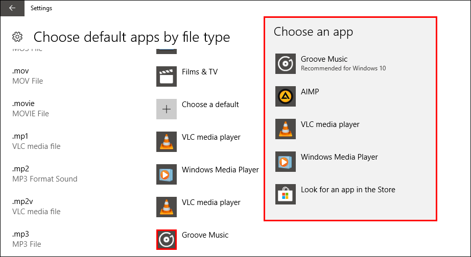 how to change default apps files associated with on windows 10