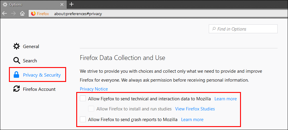 how to disable telemetry data collection on firefox