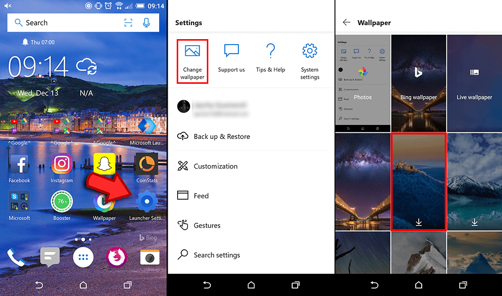 how do you change wallpapers in microsoft launcher android