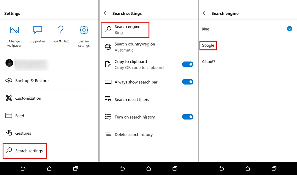 how to change search to google in microsoft launcher